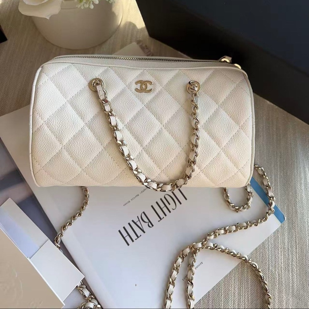 Chanel White Quilted Caviar Mini Bowling Bag White